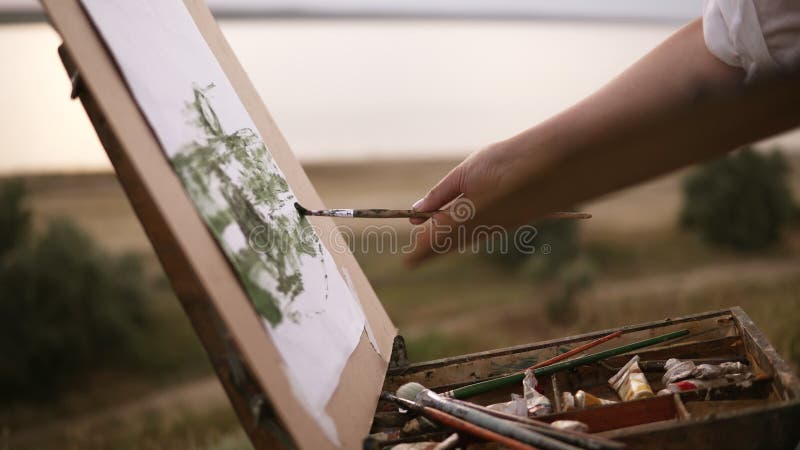 Zakończenie up artysta pracuje na jej przyszłościowym obrazku stoi outdoors na zielonej łące blisko jeziora Stawia colours dalej