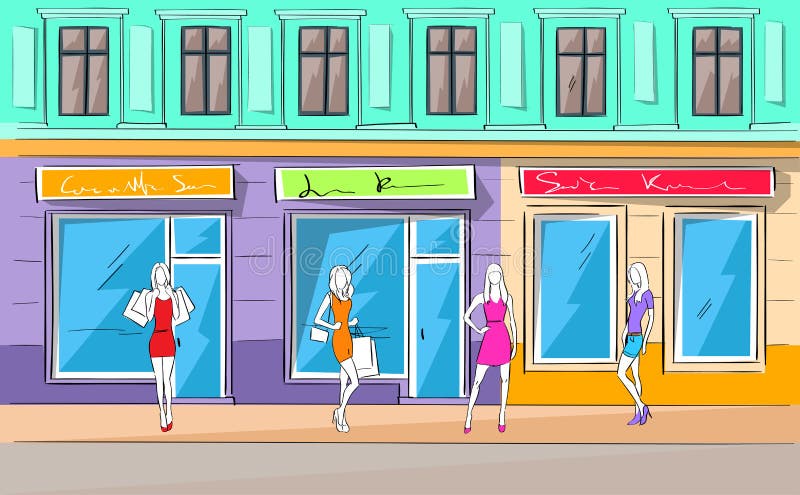 Zakupy centrum handlowego budynku mody kobiety Zewnętrzny sklep ilustracja wektor Zakupy centrum handlowego budynku mody kobiety Zewnętrzny sklep ilustracja wektor