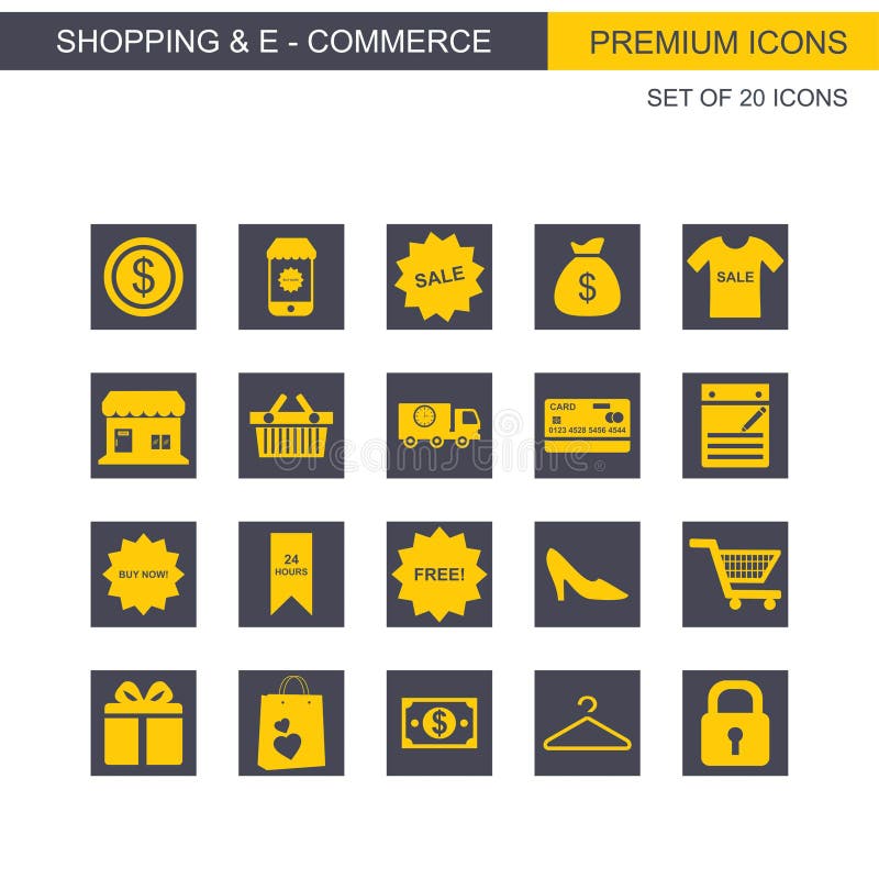Zakupy i Ecommerce ikona ustawiający kolor żółty i siwieje ilustracji Zakupy i Ecommerce ikona ustawiający kolor żółty i siwieje ilustracji