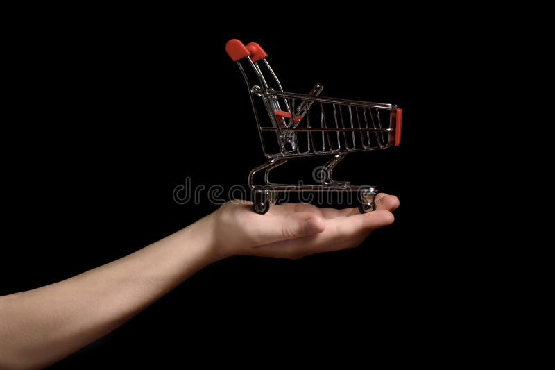 Zakupy tramwaj na dziecka palmie na ciemnym tle bagaże tła koncepcję czworonożne zakupy białą kobietę zdjęcie stock Zakupy tramwaj na dziecka palmie na ciemnym tle bagaże tła koncepcję czworonożne zakupy białą kobietę zdjęcie stock