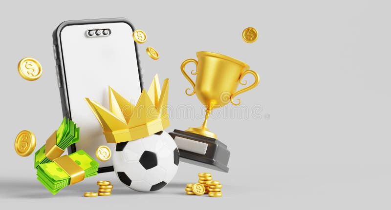Zakłady sportowe online w tle aplikacji mobilnej. Render pustej piłki nożnej smartphone z puszką mistrzostw złotej korony z latani ilustracji