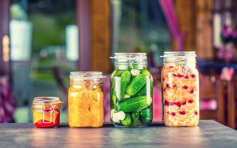 Preserving. Pickles jars. Jars with pickles, pumpkin dip, white cabbage, roasted red yellow pepper. Pickled Vegetables. Vegetable being prepared for preserving. Toned image. Preserving. Pickles jars. Jars with pickles, pumpkin dip, white cabbage, roasted red yellow pepper. Pickled Vegetables. Vegetable being prepared for preserving. Toned image.