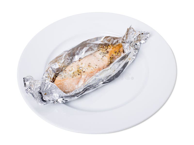 Zalm die in folie wordt gebakken royalty-vrije stock fotografie Zalm die in folie wordt gebakken royalty-vrije stock fotografie