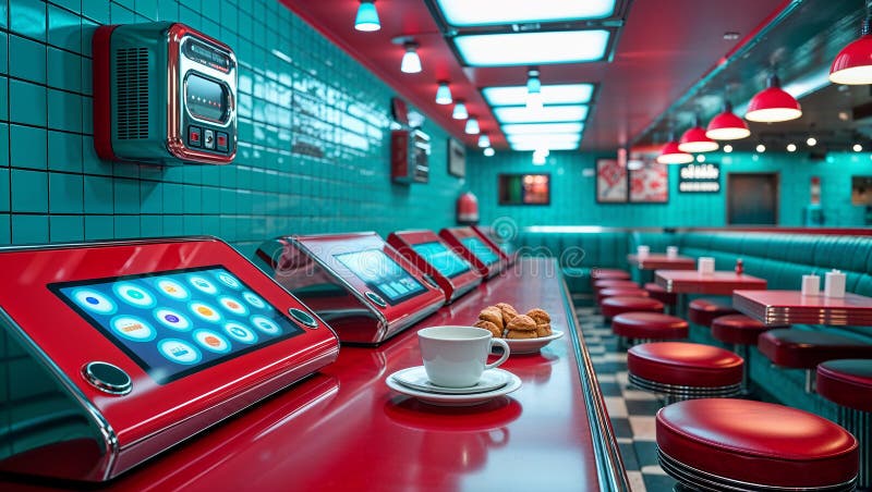 Zamawianie żywności za pomocą menu cyfrowych w restauracji retro amerykanskiej ilustracji