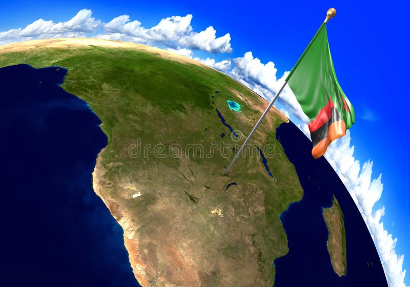 Zambia National Flag Marking the Country Location on World Map Stock Illustration - Illustration 