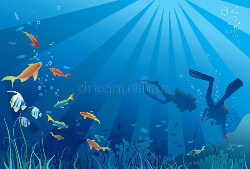 Scuba divers, sea life. Fish, seaweeds, bubbles. Copy space for text. Vector illustration. Scuba divers, sea life. Fish, seaweeds, bubbles. Copy space for text. Vector illustration