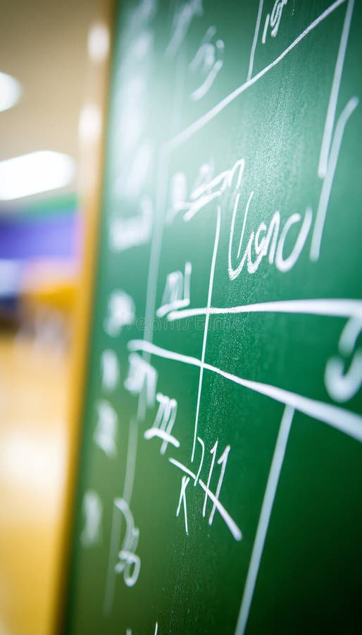 Zamknij abstrakcyjny widok zielonej tablicy z nierozwiązanymi równaniami i formułami matematycznymi ilustracji