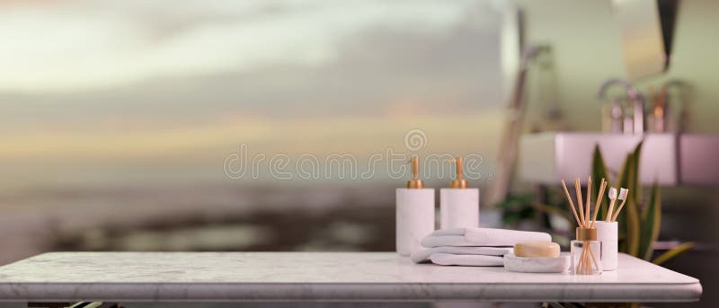 Zamknij puste miejsce na marmurowym stoliku z udogodnieniami hotelowymi na zamazanym tle renderowania 3d ilustracja wektor
