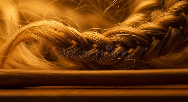 Zamknięcie blond plecionki delikatnie tkane i podkreślane przez ciepłe oświetlenie. ilustracji