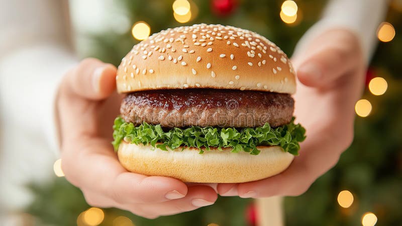 Zamknięcie rąk trzymających smaczny hamburger z sałatą i bułką sezamową ilustracji