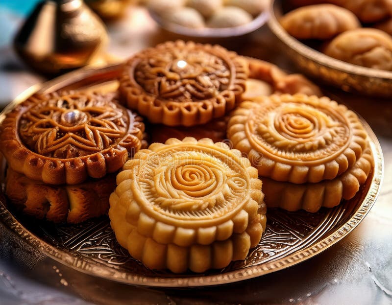 Zamknięcie tradycyjnych ciasteczek i ciastek Eid starannie zaprojektowanych i gotowych do użytku ilustracja wektor