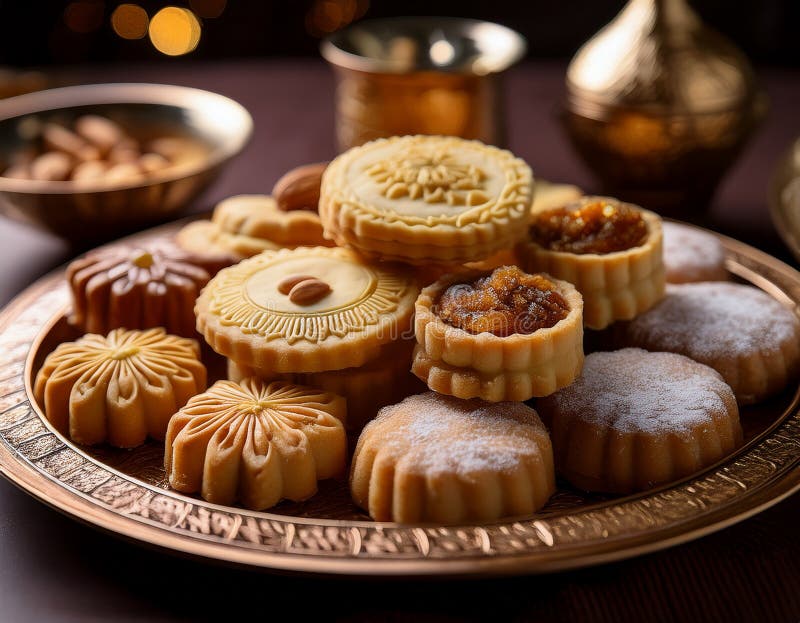 Zamknięcie tradycyjnych ciasteczek i ciastek Eid starannie zaprojektowanych i gotowych do użytku royalty ilustracja