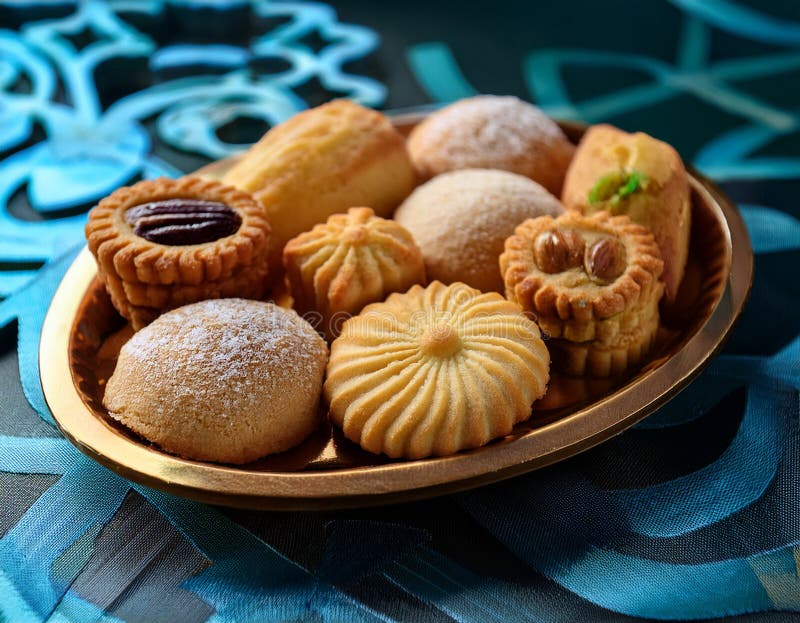 Zamknięcie tradycyjnych ciasteczek i ciastek Eid starannie zaprojektowanych i gotowych do użytku ilustracja wektor