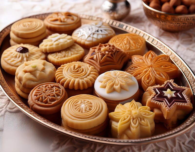 Zamknięcie tradycyjnych ciasteczek i ciastek Eid starannie zaprojektowanych i gotowych do użytku ilustracja wektor