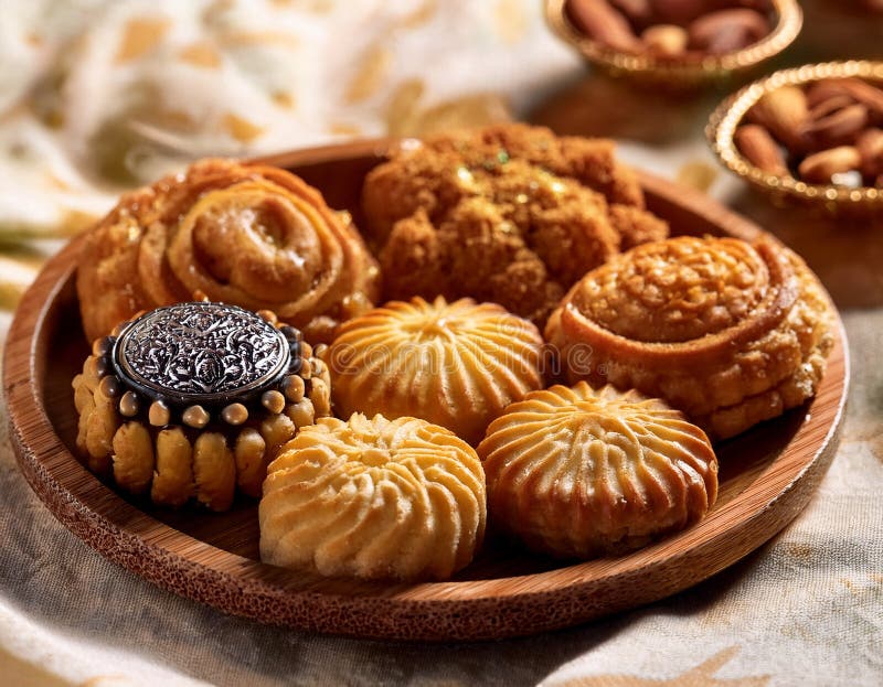 Zamknięcie tradycyjnych ciasteczek i ciastek Eid starannie zaprojektowanych i gotowych do użytku royalty ilustracja