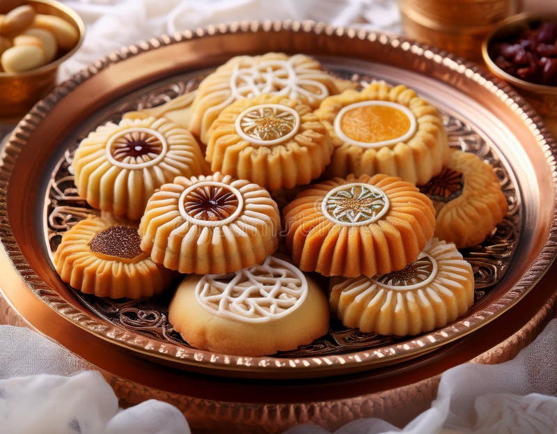 Zamknięcie tradycyjnych ciasteczek i ciastek Eid starannie zaprojektowanych i gotowych do użytku ilustracja wektor