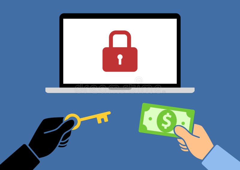 Zamknięty komputerowy ransomware z rękami trzyma pieniądze i klucza płaską wektorową ilustrację ilustracji Zamknięty komputerowy ransomware z rękami trzyma pieniądze i klucza płaską wektorową ilustrację ilustracji