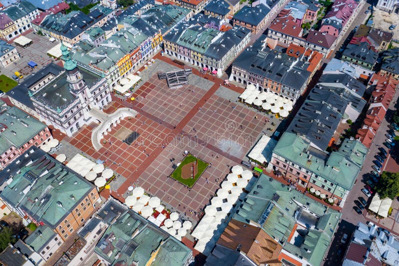 Zamosc, Poland. Aerial view of old town and city main square with town hall. Bird`s eye view of the old city. UNESCO World