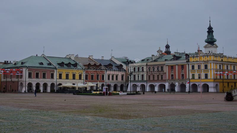 Zamosc, Poland, November 10, 2020. Town Zamosc is UNESCO World Heritage List site. Great Market Square. Unesco heritage town with Renaissance and Baroque houses