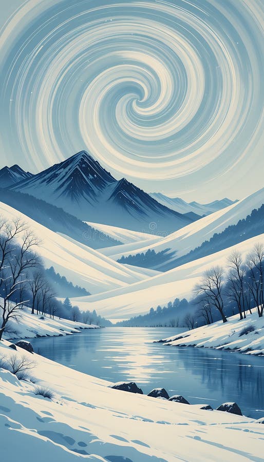 Zamrożona dolina rzeczna z Ethereal Sky i Snowy Mountain Range ilustracji
