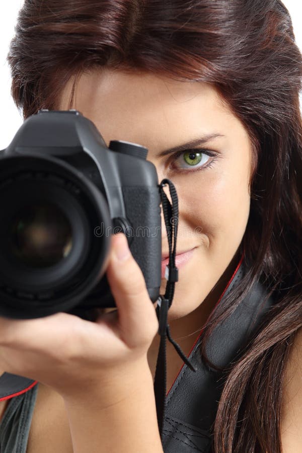 Zamyka up fotograf kobieta trzyma cyfrową slr kamerę zdjęcia stock Zamyka up fotograf kobieta trzyma cyfrową slr kamerę zdjęcia stock