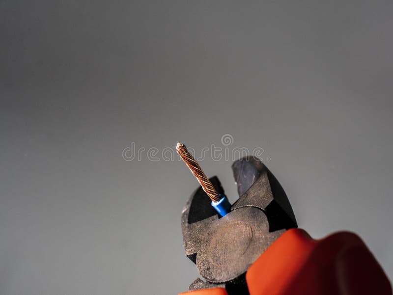 Zamyka w górę czerwonych cążków i błękit przekręcającego drutu na popielatym tle Cążki ciie kabel fotografia royalty free Zamyka w górę czerwonych cążków i błękit przekręcającego drutu na popielatym tle Cążki ciie kabel fotografia royalty free