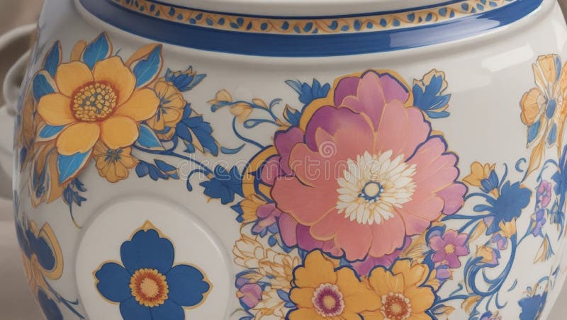 Zamykający strzał z intrygująco zaprojektowanej wazy ceramicznej o barwnych wzorach kwiatowych ilustracja wektor