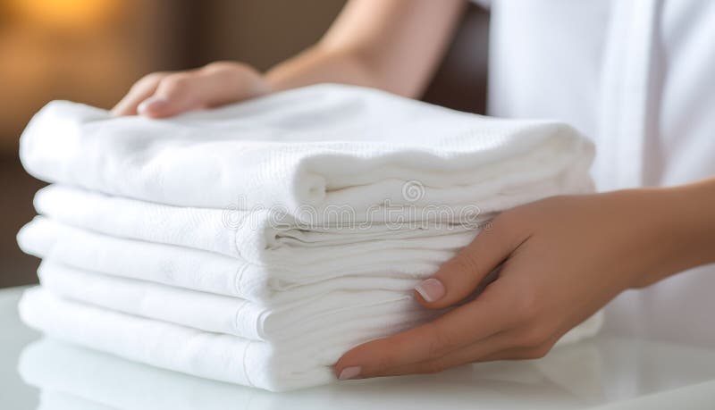 Zamykanie rąk trzymających świeżo wyprane ręczniki, które idealnie nadają się do prezentacji usług pralniczych udogodnień hotelowy ilustracja wektor