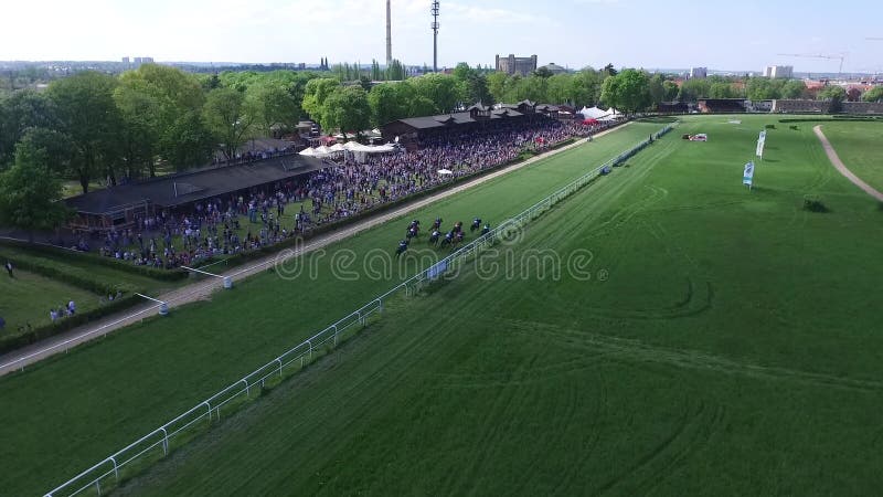 Zangão aéreo de Pferderennbahn da corrida de cavalos depois dos cavalos rapidamente