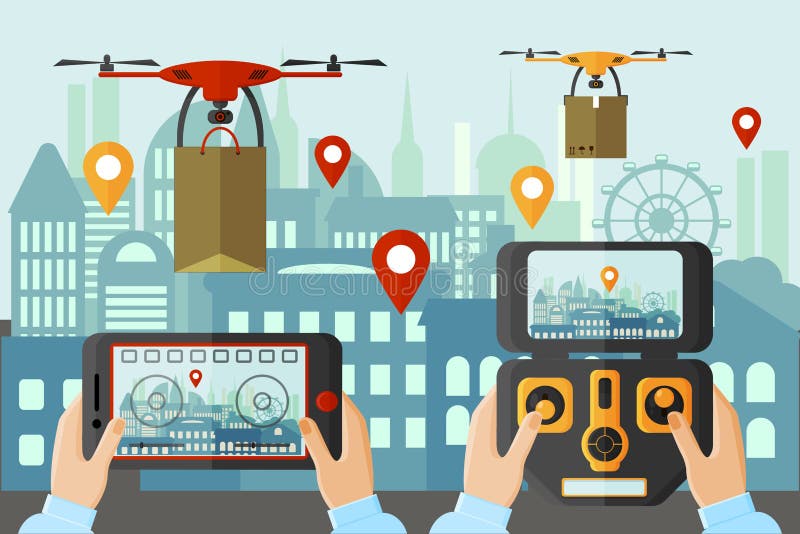 Zangões de lançamento dos povos por aplicações diferentes na cidade grande Dispositivo moderno do conceito das tecnologias ilustração do vetor Zangões de lançamento dos povos por aplicações diferentes na cidade grande Dispositivo moderno do conceito das tecnologias ilustração do vetor