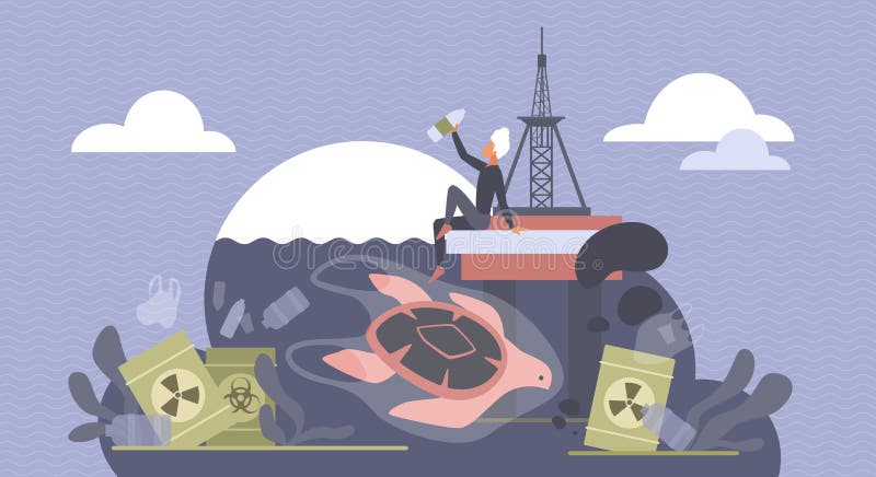 Zanieczyszczenie oceanu globalny problem środowiskowy żółw pływający w brudnych wodach z odpadami ilustracja wektor