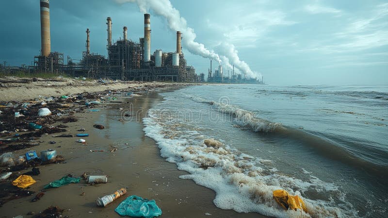 Zanieczyszczona plaża z zakładem przemysłowym w tle Garbage on Shore royalty ilustracja