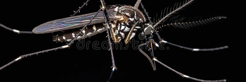 Zanzara a strisce con gambe lunghe e ali pronte a nutrirsi con una zampa vicina. visualizzazione di chiusura di alta qualità illustrazione di stock