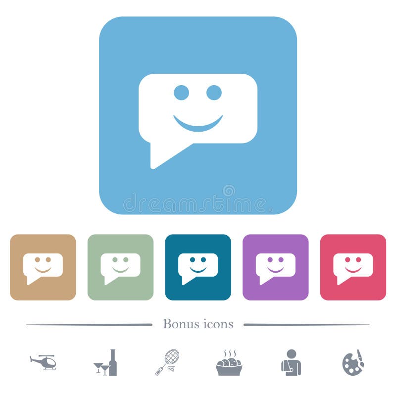 Rounded square smiling chat bubble solid white flat icons on color rounded square backgrounds. 6 bonus icons included. Rounded square smiling chat bubble solid white flat icons on color rounded square backgrounds. 6 bonus icons included