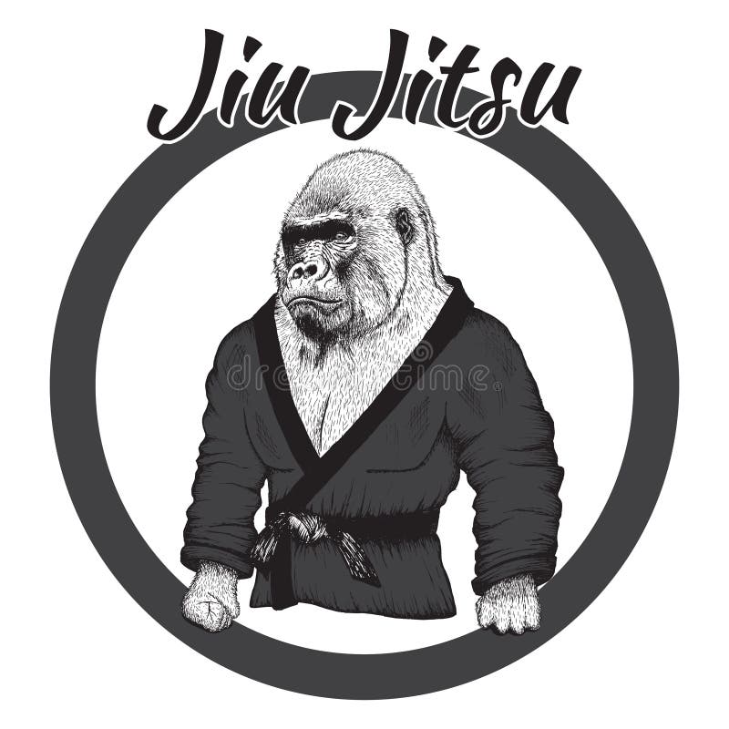 Wrestler gorilla dressed in kimono.Hand drawn style.Label for Jiu Jitsu. Wrestler gorilla dressed in kimono.Hand drawn style.Label for Jiu Jitsu