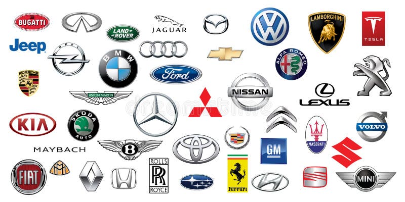 ZAPOROZHYE, DE OEKRAÏNE - DECEMBER 20, 2017: Emblemeninzameling van verschillende merken van auto's, die op papier worden gedrukt