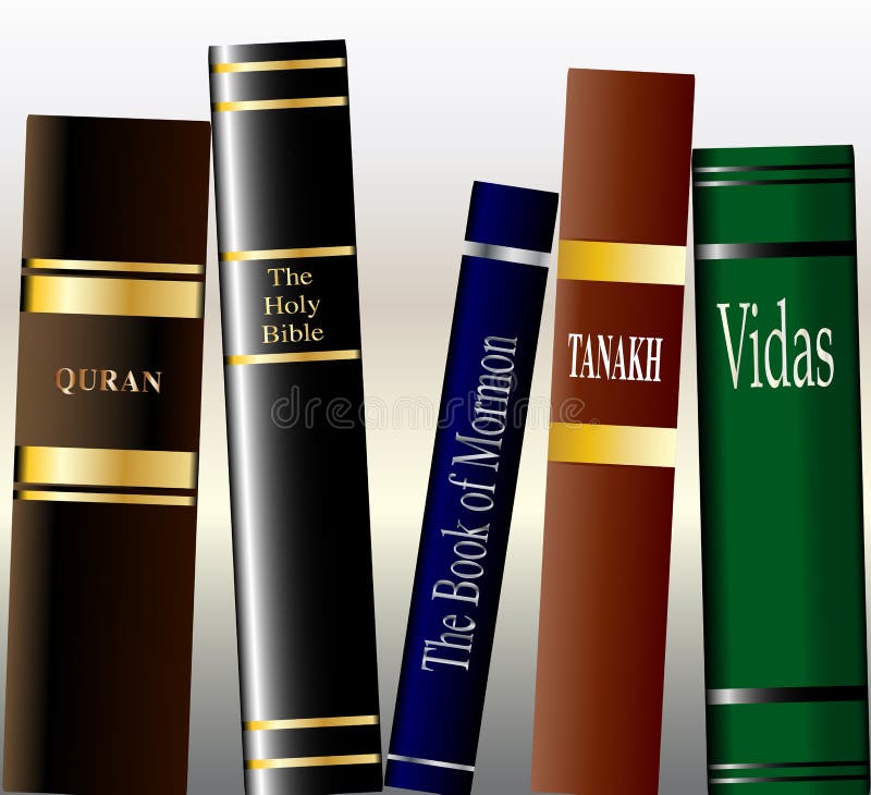 A collection of religious books on a bookshelf. A collection of religious books on a bookshelf