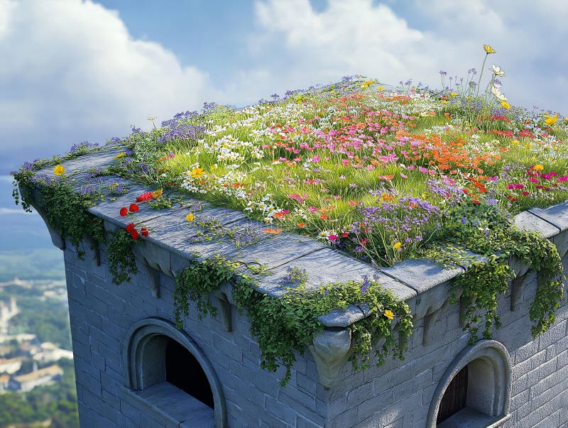 Zarośnięta konstrukcja kamienna dachu ogrodu dzikie kwiaty fantasy architektura krajobraz ilustracji