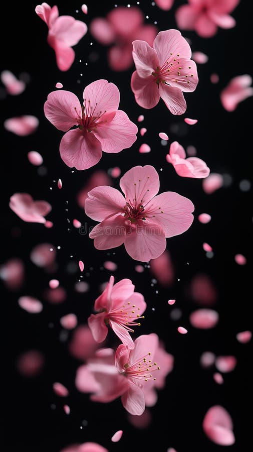 Zarte, rosafarbene Kirschblüten fallen vor einem dunklen Hintergrund lizenzfreies stockfoto