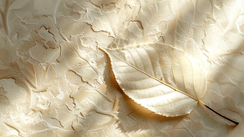 Zartes Herbstblatt auf strukturiertem Hintergrund, beleuchtet durch sanftes Sonnenlicht. Ein Blatt auf strukturierter Oberfläche, glimmernd in sanftem Sonnenlicht glühen.