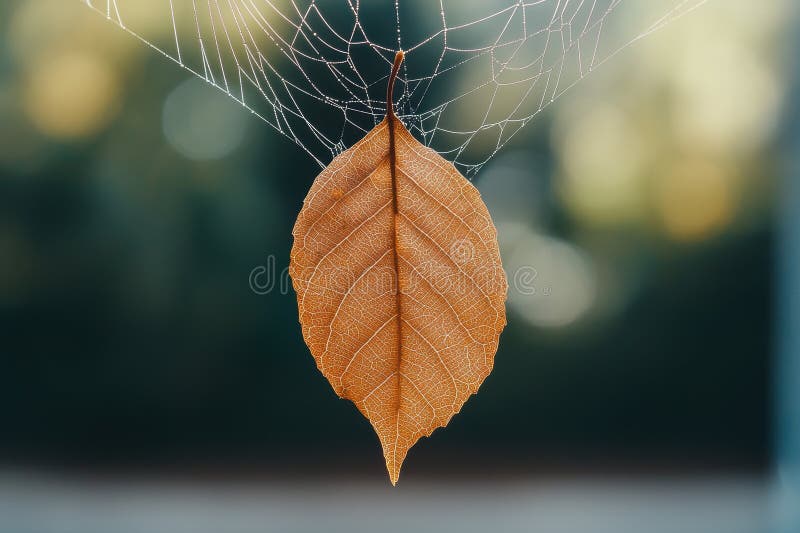 Zartes Herbstblatt mit Spinnennetz lizenzfreie abbildung