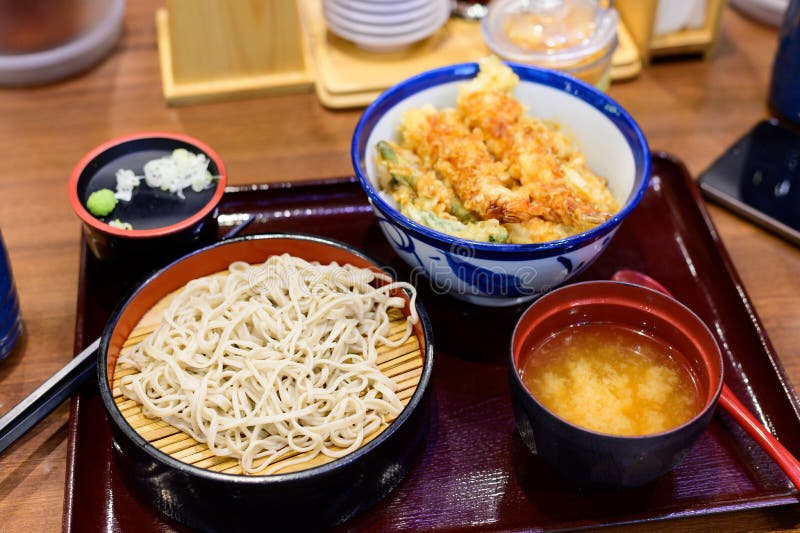 Tempura Zaru Cold Soba Set with Tofu, Sauce and Wasabi Stock Image