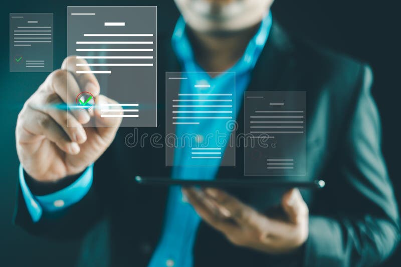 Zarządzanie dokumentami cyfrowymi i bezpapierowe przepływy pracy Biznes podpisuje interfejs dokumentów wirtualnych zdjęcia stock