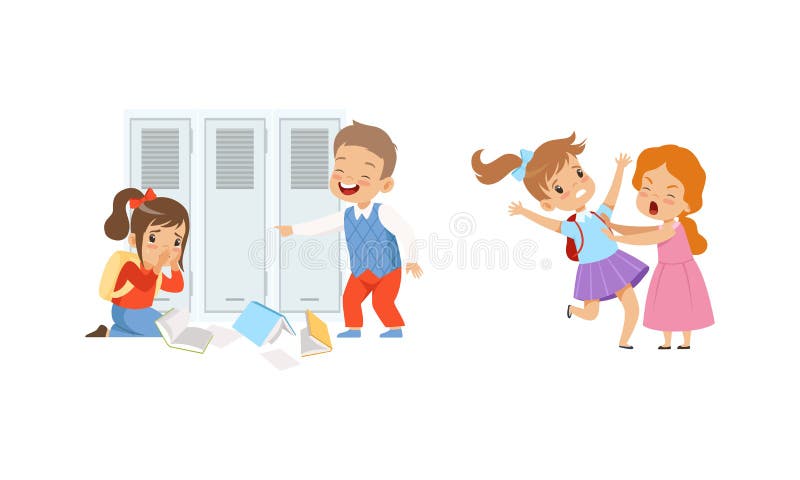 Zastraszanie w szkolnej koncepcji chłopców i dziewcząt drwiących kolegów z klasy i walka z ilustracją wektora kreskówek
