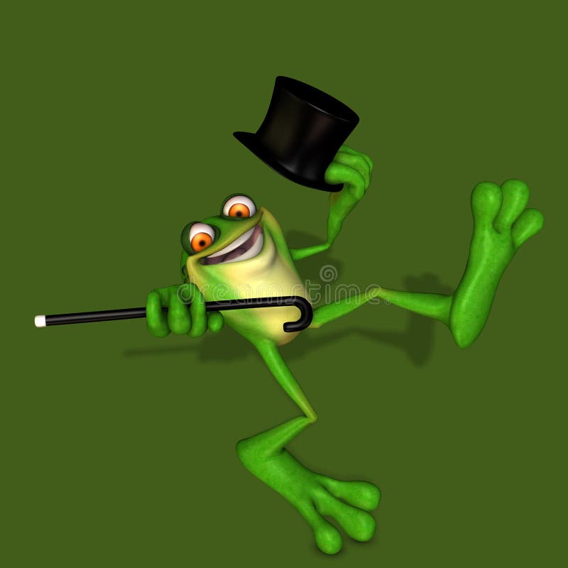 A happy frog dancing with a top hat and cane. A happy frog dancing with a top hat and cane.