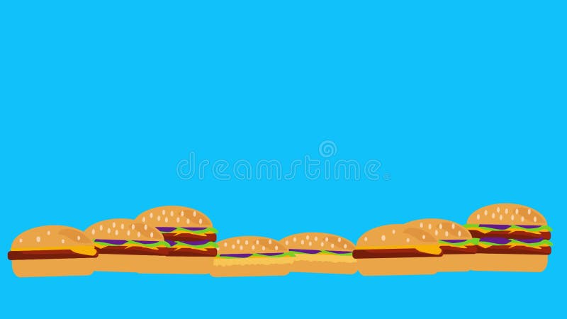 Zatrzymaj animację ruchu hamburgerów płaski projekt graficzny niebieski ekran chroma key