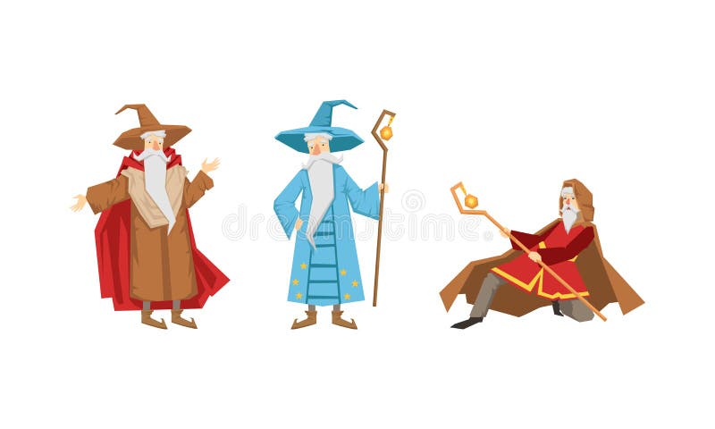 Zauberer Oder Zauberer Als Weiser Alter Mann Mit Weissem Bart Und Spitzen Hut Der Magische Vektorsatz Ausfuhrt Vektor Abbildung Illustration Von Kleid Mann 216216438