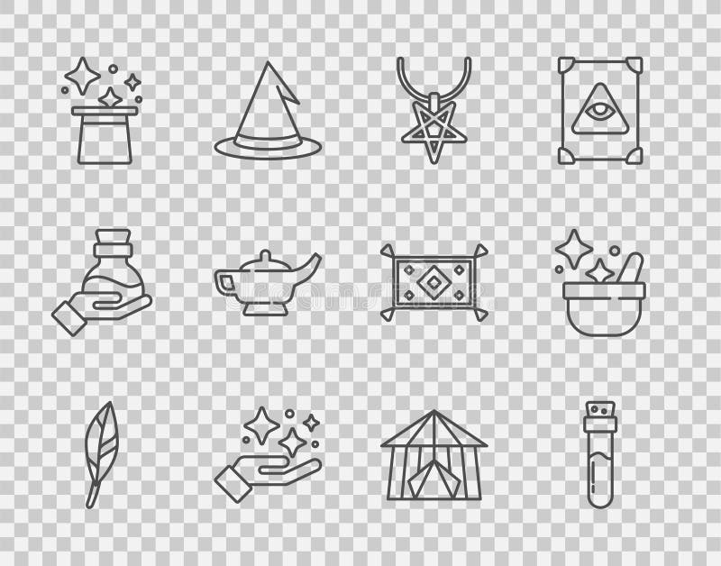 Zauberfederflasche mit Pentagrammhalskette Funkelstern magische Tricklampe oder aladdischer Zirkus lizenzfreie abbildung