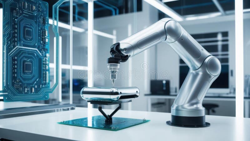 Zautomatyzowane ramię napędzane ai montujące inteligentne urządzenie w laboratorium high-tech prezentujące układy świecące i konstrukcję futurystyczną. scena kładzie nacisk na innowacyjność i precyzję poprzez generację ai