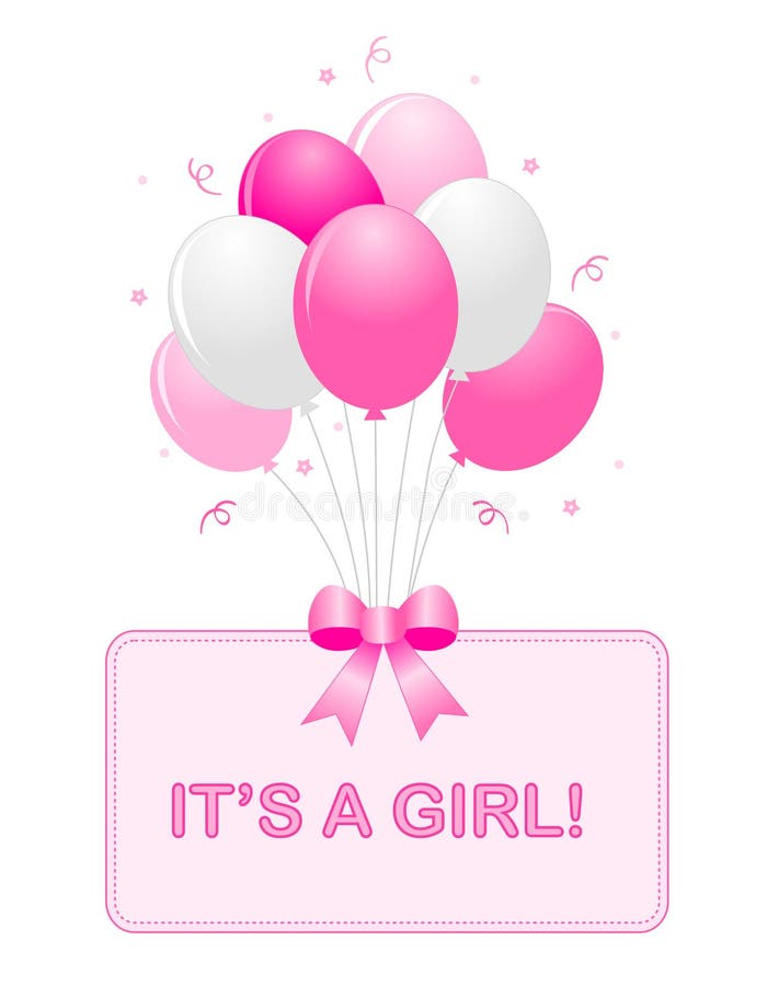 Cute baby girl arrival card text with pink and white balloons isolated on white background. it's a girl card. Cute baby girl arrival card text with pink and white balloons isolated on white background. it's a girl card